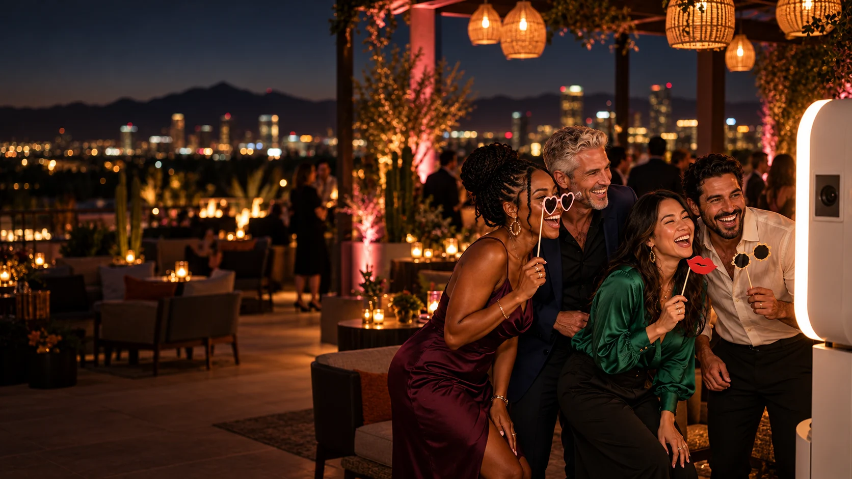 Guests celebrating at a glowing photo booth during a stylish evening rooftop reception.