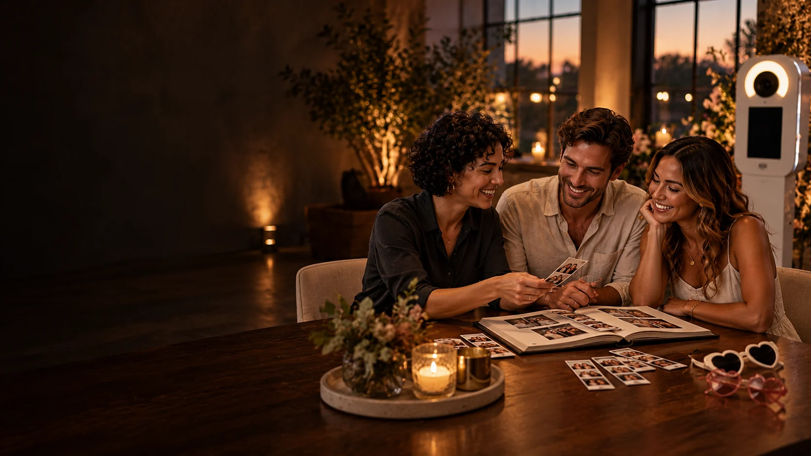 An event host and photo booth planner reviewing photo strips and a memory book at a warmly lit planning table.