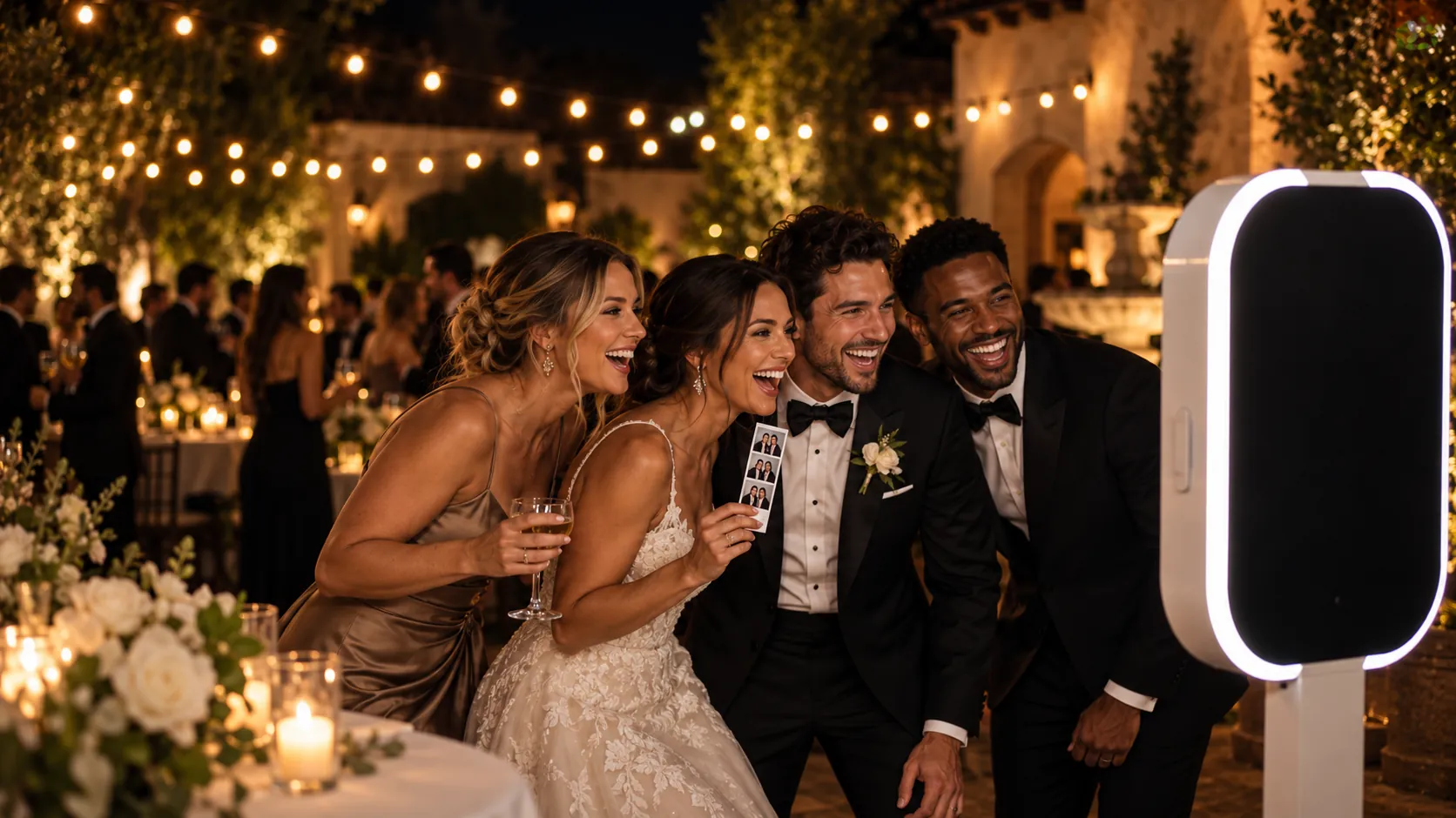 Bride, groom, and wedding guests laughing at a photo booth during a garden reception.