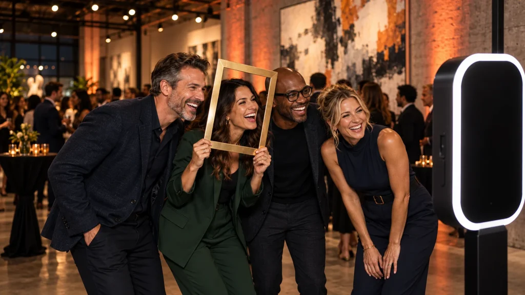 Colleagues posing at an open-air photo booth during a contemporary corporate launch reception.