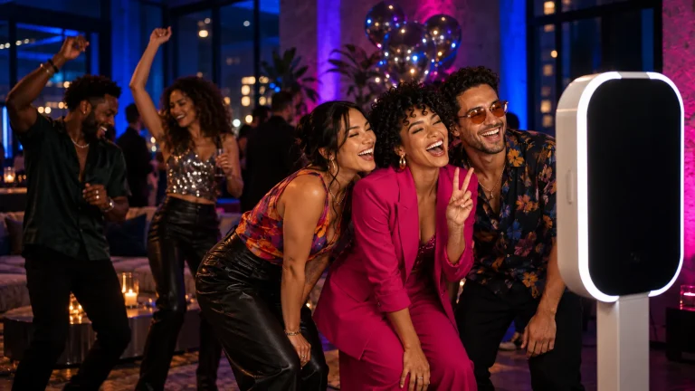 Friends posing at a photo booth during a colorful birthday party in a loft.