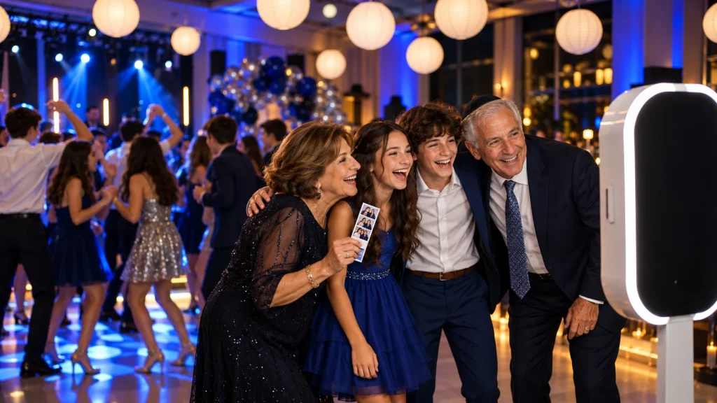 A bat mitzvah celebrant, her brother, and grandparents sharing a joyful photo booth moment.