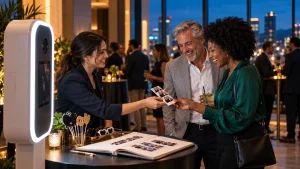 Photo booth attendant handing prints to guests at a corporate reception overlooking the city.