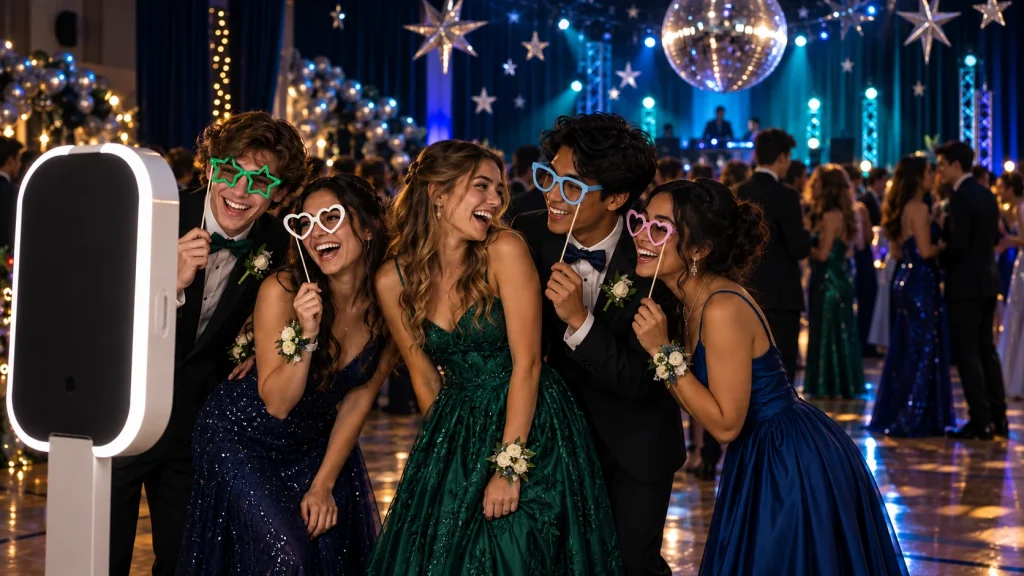High school friends laughing with photo props at a school dance photo booth.
