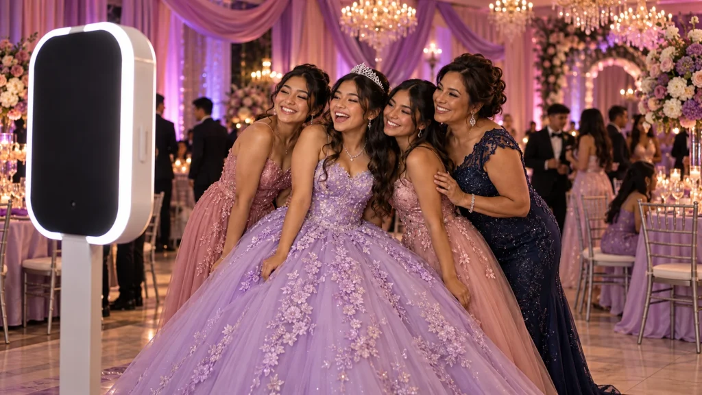 Quinceañera celebrant and her friends posing at a photo booth in a rose-lit ballroom.