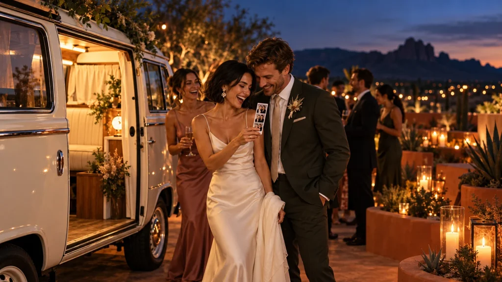 Newlyweds laughing beside a vintage photo bus at a candlelit desert wedding reception.