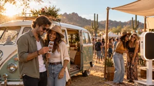 Vintage photo bus and modern open-air photo booth at an Arizona desert festival.